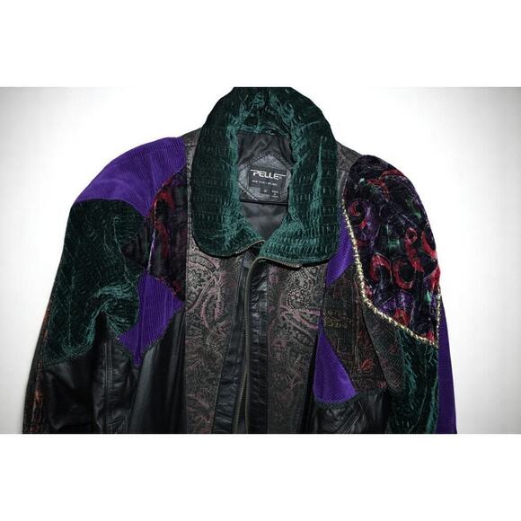 Vintage Pelle Black Leather Patchwork Nylon Panel Bomber Jacket Medium 90s - Picture 2 of 4